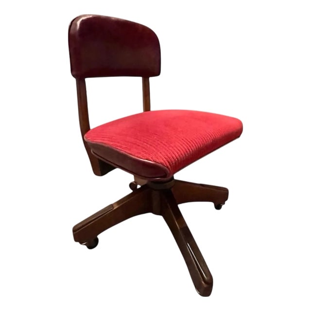 Mid-Century Walnut Swivel Desk Chair With Red Upholstery For Sale