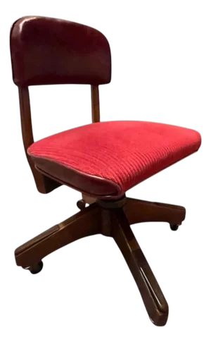 Mid-Century Walnut Swivel Desk Chair With Red Upholstery
