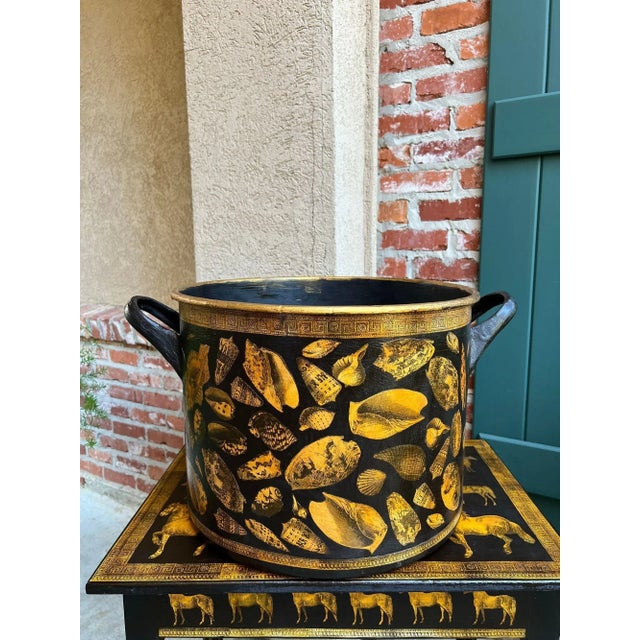 English Large Antique English Planter Cachepot Black Metal Lacquer Shell Decoupage C1890 For Sale - Image 3 of 18