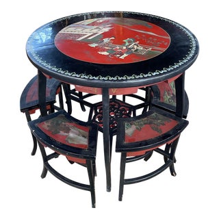 Asian Round Dining Table With Stools For Sale