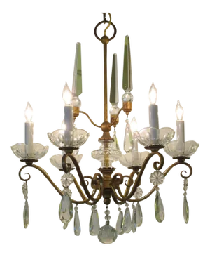 French 1940s Gilt-Metal Six-Light Chandelier With Crystal Pendants