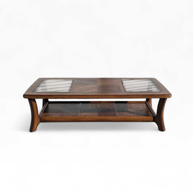Mid 20th Century Smoked Glass and Oak Parquetry Coffee Table With Lower Shelf For Sale - Image 10 of 18