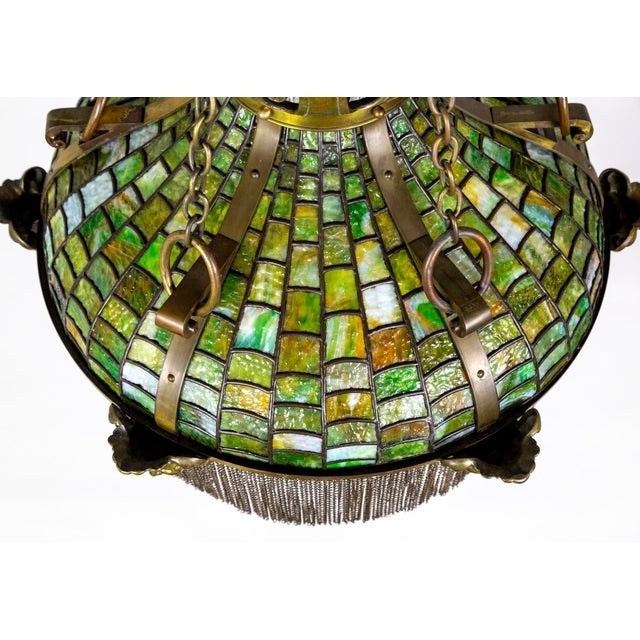 19th Century Victorian Art Nouveau Green Slag Glass & Brass Mascaron Pendant Light With Chain Fringe For Sale - Image 4 of 13