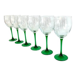 1970s Green and Clear French Wine Glasses- Set of 6 For Sale