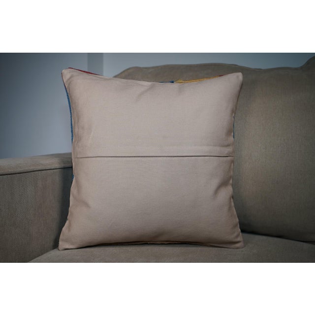 Mustard & Blue Geometric Kilim Pillow – 16x16 Vintage Handwoven For Sale - Image 4 of 7