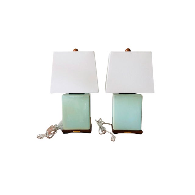 2020s Pair of Lauren Ralph Lauren Celadon Crackle Glazed Porcelain Table Lamps | Coastal Modern Transitional Lighting With Original Shades For Sale - Image 5 of 15