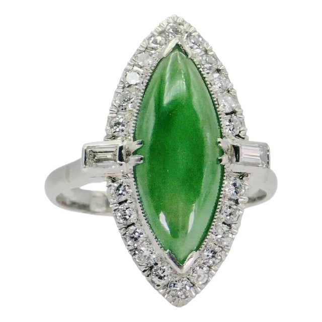 Mid 20th Century Vintage Platinum (950) - Natural Diamond & Jade Ring, Size 6.75 For Sale