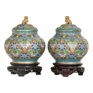 Antique Chinese Cloisonné and Gilded Bronze Covered Ginger Jars—A Pair For Sale