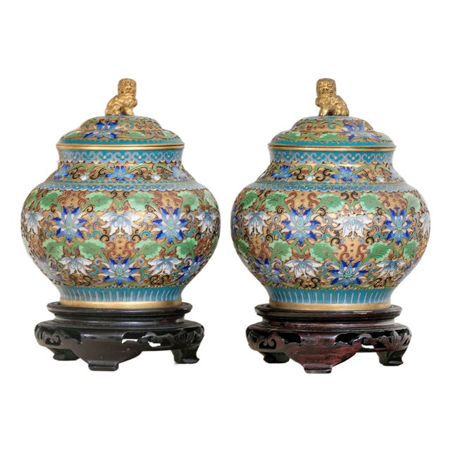 Antique Chinese Cloisonné and Gilded Bronze Covered Ginger Jars—A Pair For Sale
