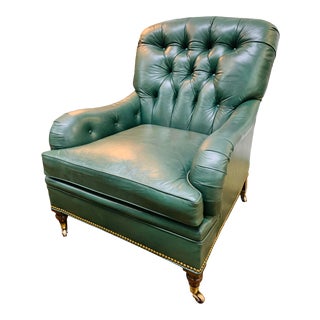 Contemporary Hickory Chair Co. Green Leather Tufted Arm Chair For Sale