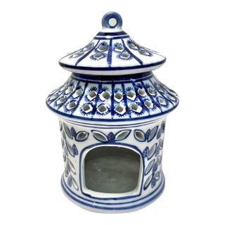 1980s Blue and White Chinoiserie Pagoda Candle Holder Ceramic Lantern For Sale