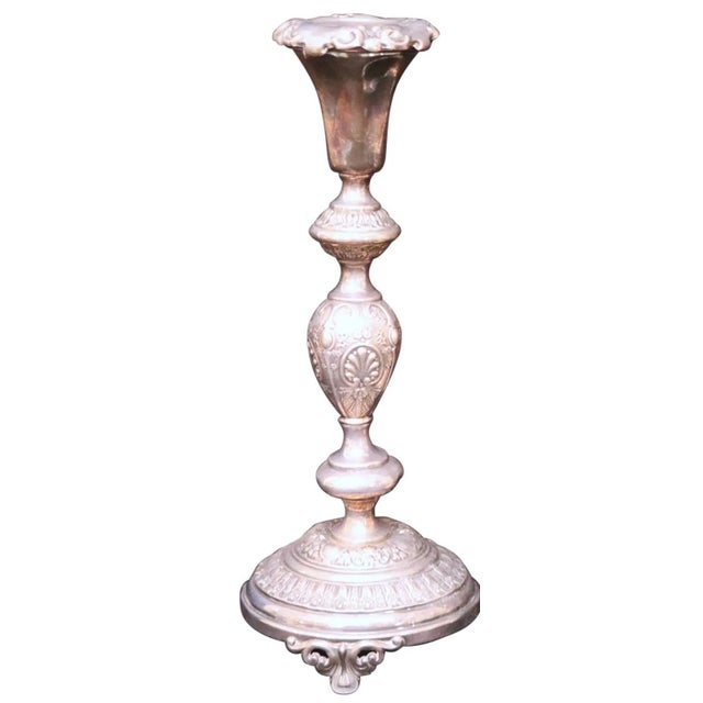 Victorian Pair of 12-Inch Antique Norblin and Co. Warsaw Silver-Plate Shabbat Candlesticks - Ornate Victorian Repoussé Judaica For Sale - Image 3 of 17