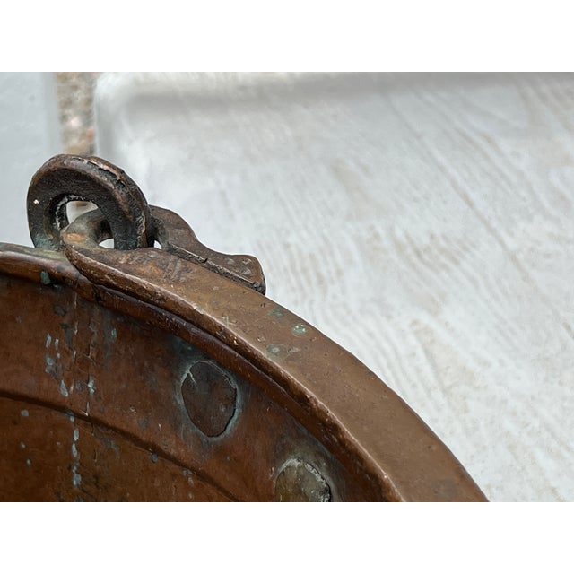 Copper Huge Antique Copper Cauldron: Hand Forged Firewood Bucket 19" With Hand Etched Riveted Handle Green Patina Damage For Sale - Image 8 of 14