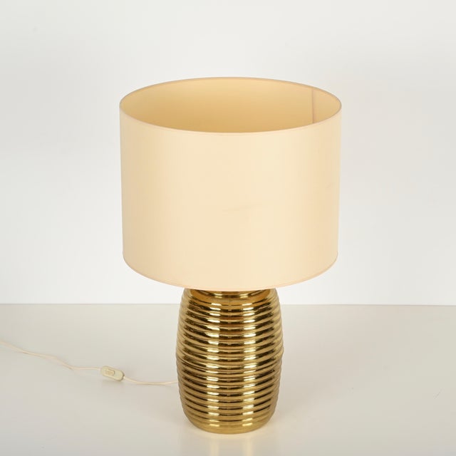 Mid-Century Italian Table Lamp in Brass with Beige Lampshade by Tommaso Barbi, 1970s For Sale - Image 12 of 16