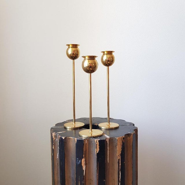 Scandinavian Modern Tulip Candlesticks in Brass by Pierre Forssell for Skultuna, 1982, Set of 3 For Sale - Image 6 of 8