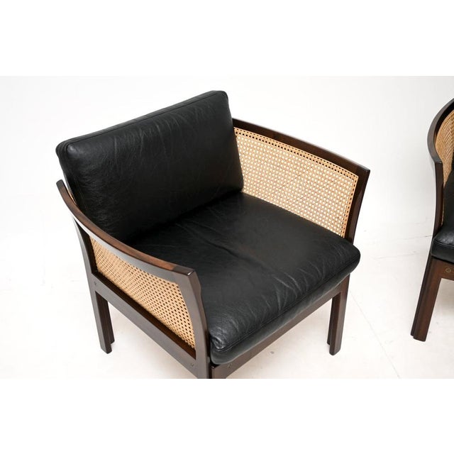 Wood Vintage Danish Leather and Cane Chairs by Illum Wikkelso for CFC Silkeborg, 1960, Set of 2 For Sale - Image 7 of 11