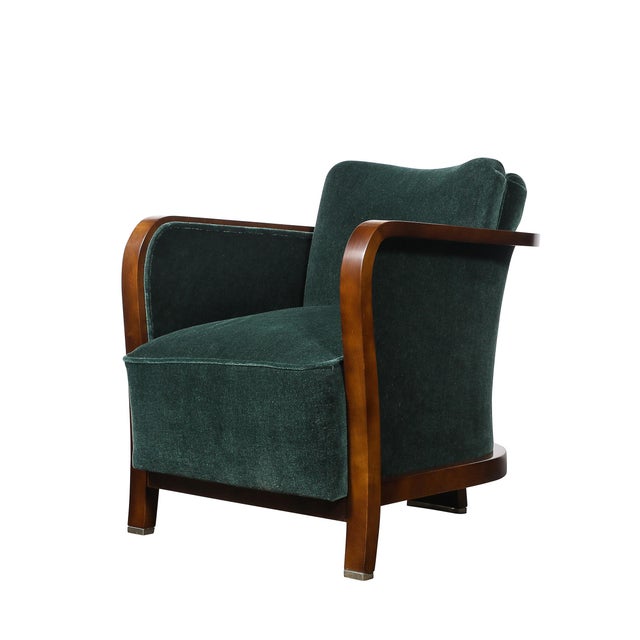 Pair of Art Deco Walnut Armchairs in Eucalyptus Mohair Velvet W/ Nickel Sabots For Sale - Image 14 of 18