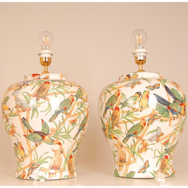 1980s Vintage Italian Table Lamps Ceramic Parrots Birds Green Cream Tall Porcelain Vase Lamps Tariff Free - A Pair For Sale - Image 5 of 12