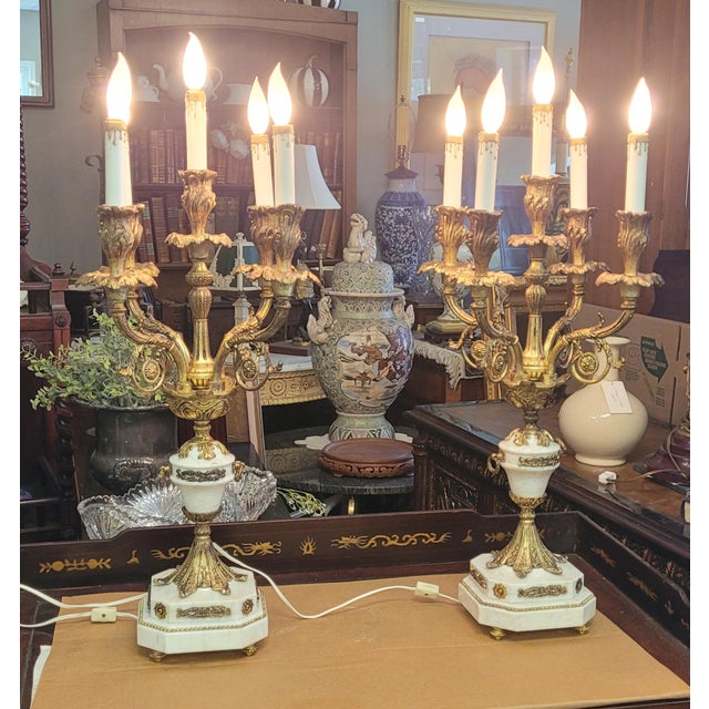 1950s Pair French Stone and Gilt Brass Candelabra Lamps For Sale - Image 15 of 16