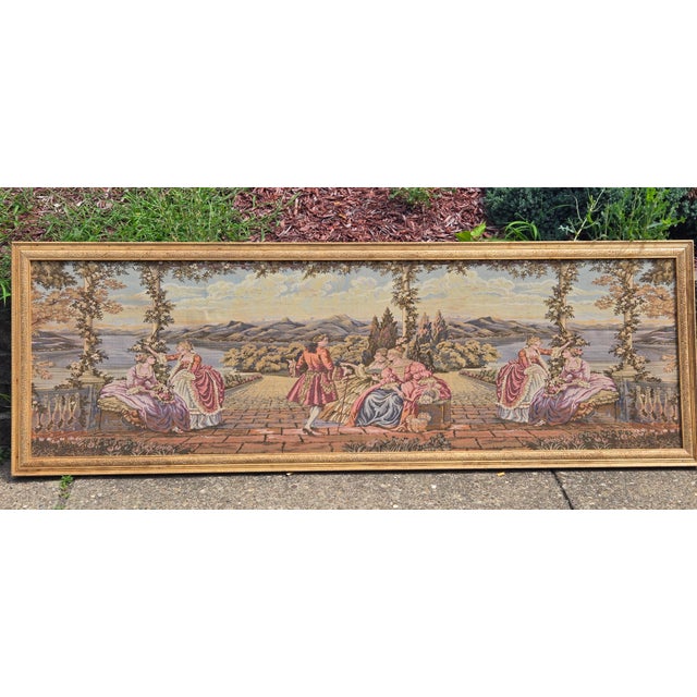 Large Vintage Framed European Hand Crafted Rococo-Style Needlepoint Tapestry Wall Hanging – Romantic Garden Scene For Sale - Image 16 of 18