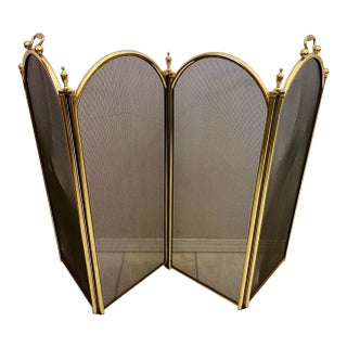 Vintage Arched 4-Panel Solid Brass and Metal Fireplace Screen For Sale