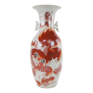 Late 19th Century Chinese Red Foo Dog Vase With Pierced Handles