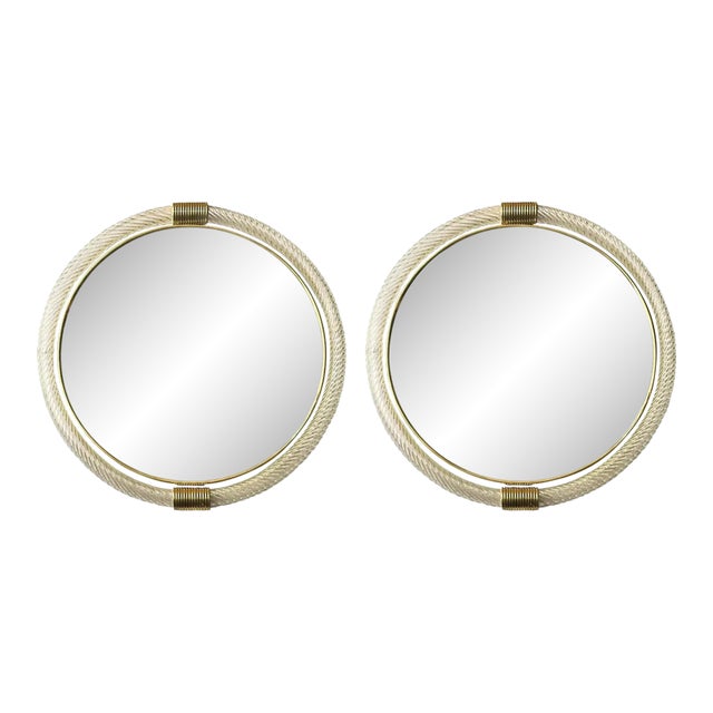 Pair of Venetian “Torciglione” Murano Glass Wall Mirrors With Gold Leaf Detailing For Sale