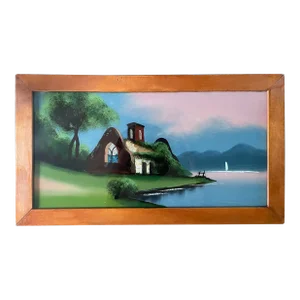 Mid 20th Century Vintage Reverse Painting on Glass of Idyllic Cottage, Framed