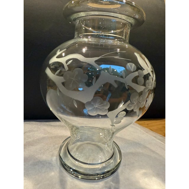 Mid 20th Century 1950s Glass Ginger Jar With Etched Cherry Blossom Birds Motif For Sale - Image 5 of 8
