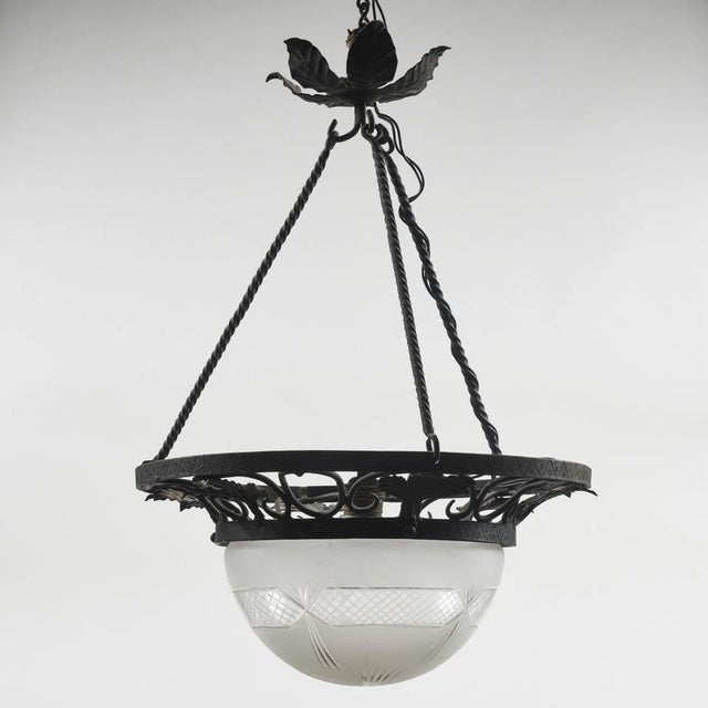 Art Nouveau Iron Pendant with Glass Hood For Sale - Image 4 of 9