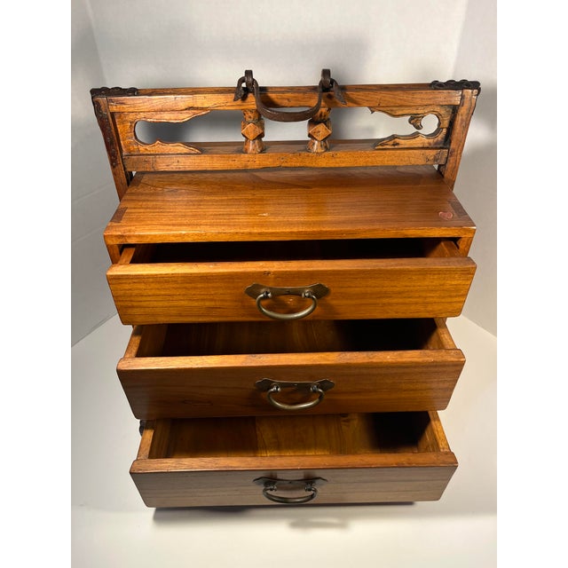 Brown Antique Chinese Portable 3 Drawers Wedding Dowry Wooden Chest Wrought Iron For Sale - Image 8 of 13