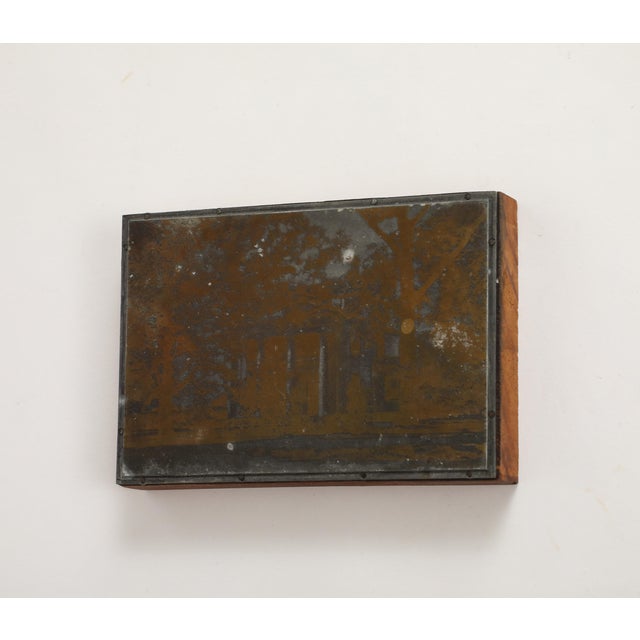 Antique 19th Century etched copper photogravure plate, mounted on wood. The photo plate features a stately house with...