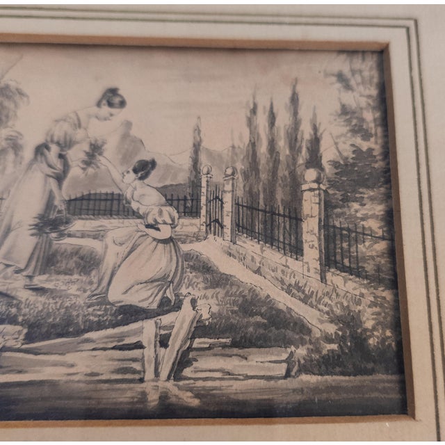 Antique White 19th Century European English Pen and Ink Genre Scene With Women in a Garden For Sale - Image 8 of 15