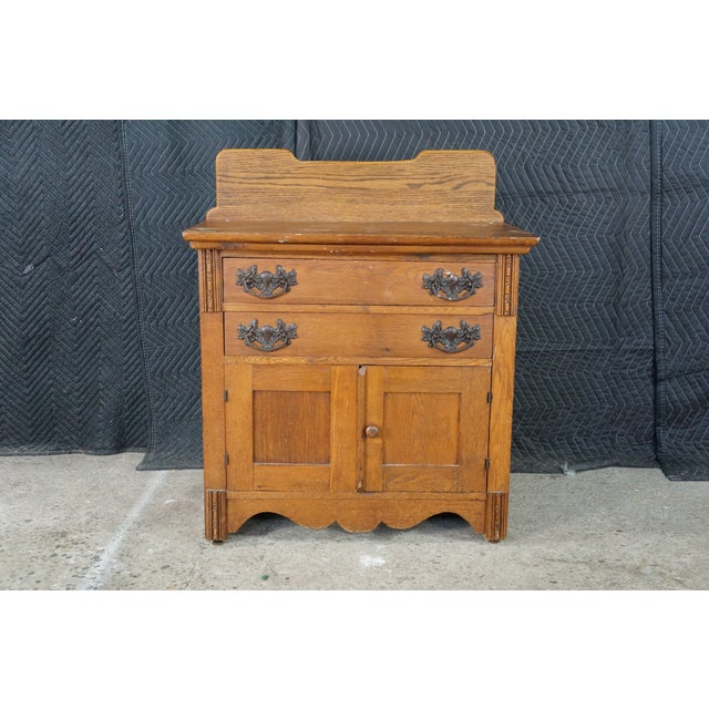 Antique American Victorian Oak Washstand Commode Chest Cabinet Backsplash For Sale - Image 6 of 18