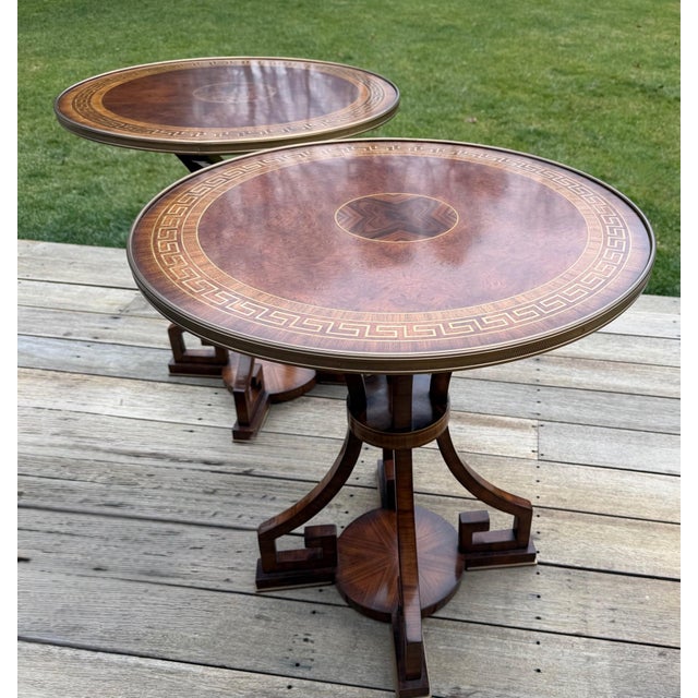 Pair of Burlwood Greek Key Side Tables With Custom Glass Tops For Sale - Image 16 of 18
