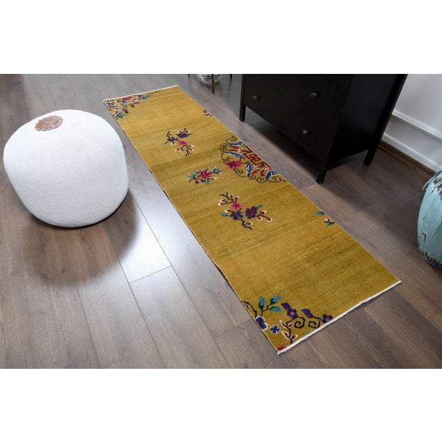 1970s Vintage Turkish Handmade Wool Cotton Yellow Runner Rug For Sale In San Francisco - Image 6 of 11
