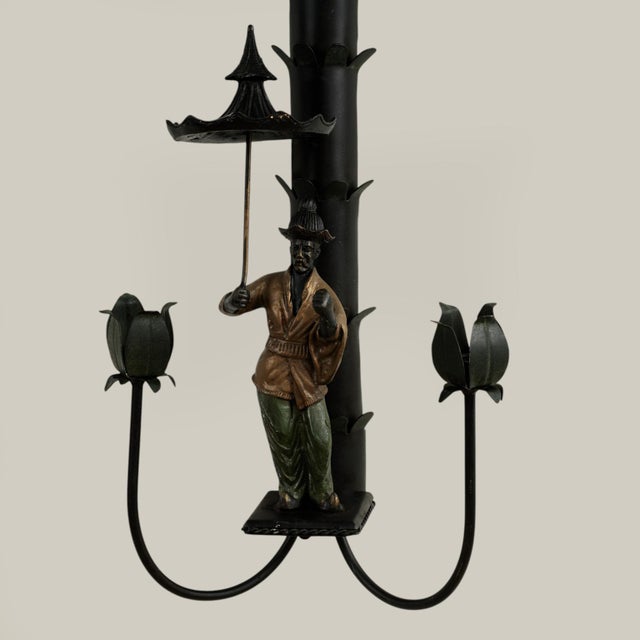 1990s Pair of Vintage Italian Tole Chinoiserie Palm Tree Wall Sconces For Sale - Image 5 of 15