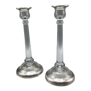 1930's Crystal Candles Holders With Silver Bands - A Pair For Sale