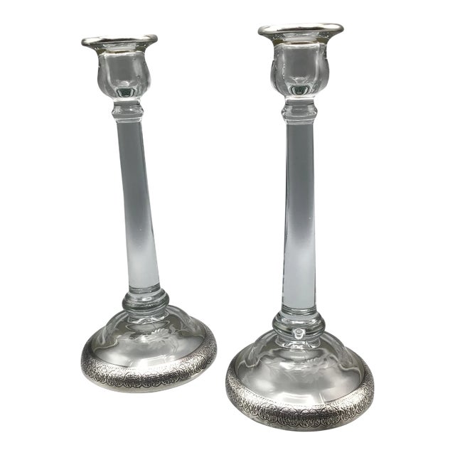 1930's Crystal Candles Holders With Silver Bands - A Pair For Sale