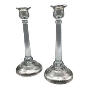 Pair of Vintage 1930's Crystal Candles Holders With Silver Bands