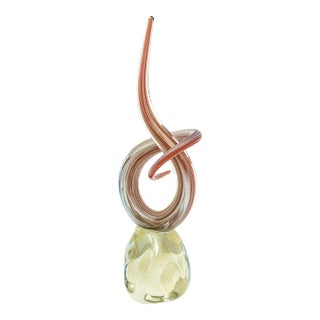 Vintage Signed Murano Swirled Orange, White, Gold, Glass Sculpture With Gold Aventurine For Sale