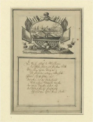 Antique German Engraving Allegory of War and Poem and Naval View, 1700s