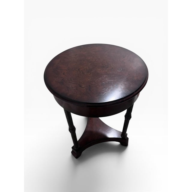 Wood Theodore Alexander Burl Wood Accent / Martini Table With Drawer & Engraved Metal Supports For Sale - Image 7 of 10