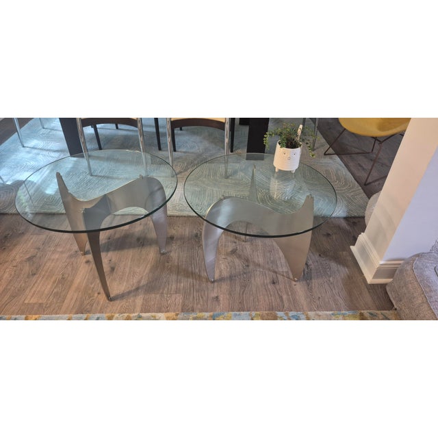 Contemporary 1960s Aluminum Propeller Glass Coffee Table Attributed to Knut Hesterberg Mid Century ~ Pair W/Beveled Glass Tops For Sale - Image 3 of 9