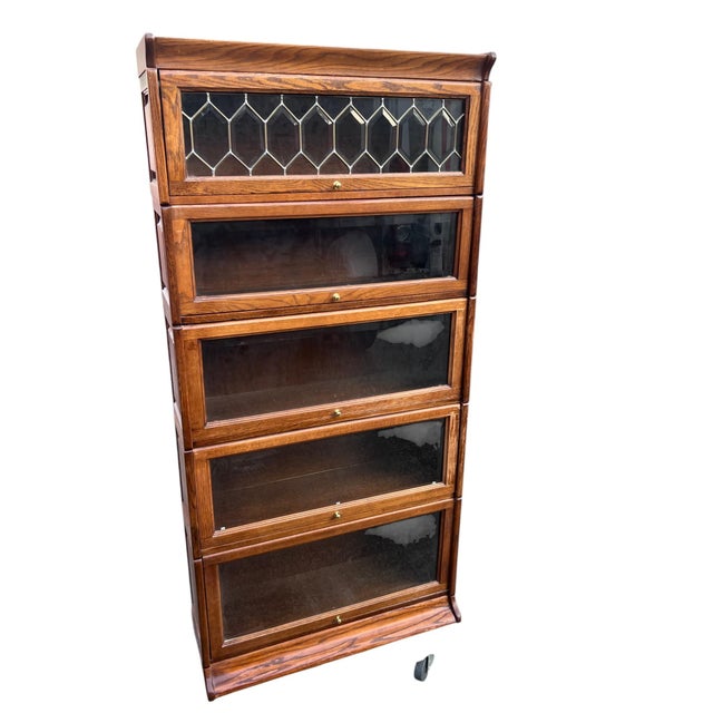 1980's Oak 5-Section Modular Barrister Bookcase With Leaded Glass top. Handsome vintage oak barrister-style stacking...