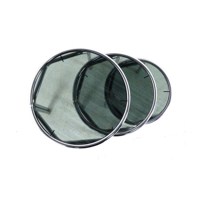 Metal Italian Round Chrome Nesting Tables with Smoked Glass, Set of 3 For Sale - Image 7 of 16