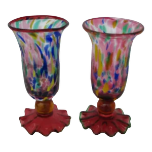Multicolored Murano with "Fazzoletto" Base Goblets or Glasses - A Pair
