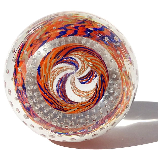 Murano Vintage Murano Blue Orange Twisting Ribbons Controlled Bubbles Italian Art Glass Egg Paperweight For Sale - Image 4 of 4