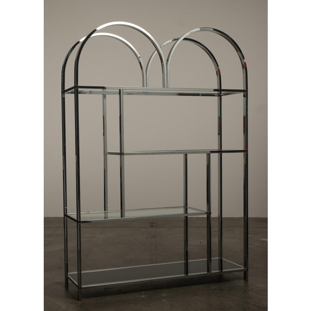 1970s 1970s Chrome Glass Brass Etagere Mixed Metal Glam Display Shelf Baughman For Sale - Image 5 of 16