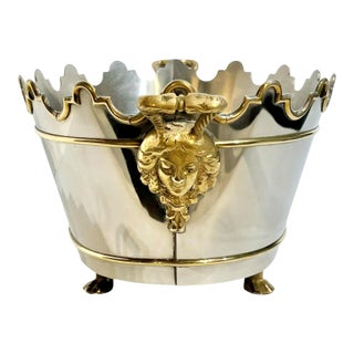 Mid 20th Century Neoclassical Silver Plate & Brass Rafraichissoir Wine Cooler / Montieth Ice Bucket With Lion Mask Handles For Sale